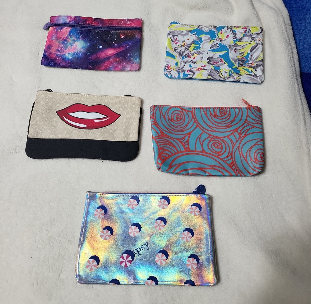 Ipsy Set Of 5 Cosmetic Pouch Lot - Galaxy, Floral, Lip Print, Swirl, Holographic